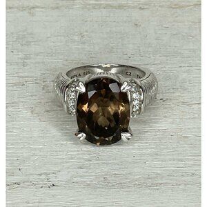 Judith Ripka Sterling Silver Smoky Quartz Prong-Set Ring Size 7.75 w/ CZ Accents